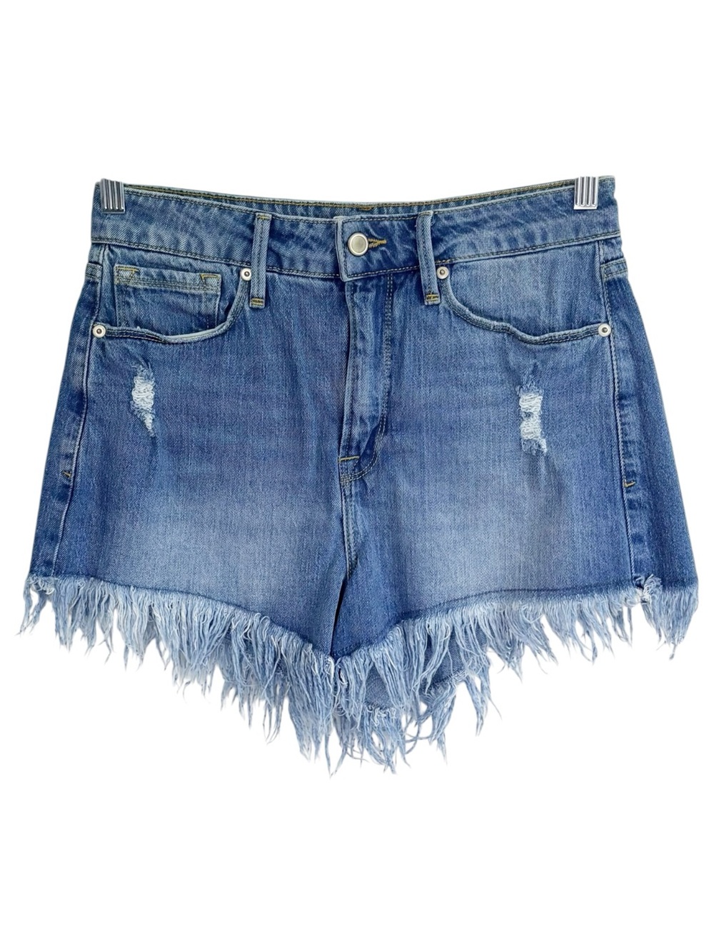 GOOD AMERICAN High Rise Distressed Denim Shorts Frayed Hem Blue Size 6 28 - Picture 1 of 8